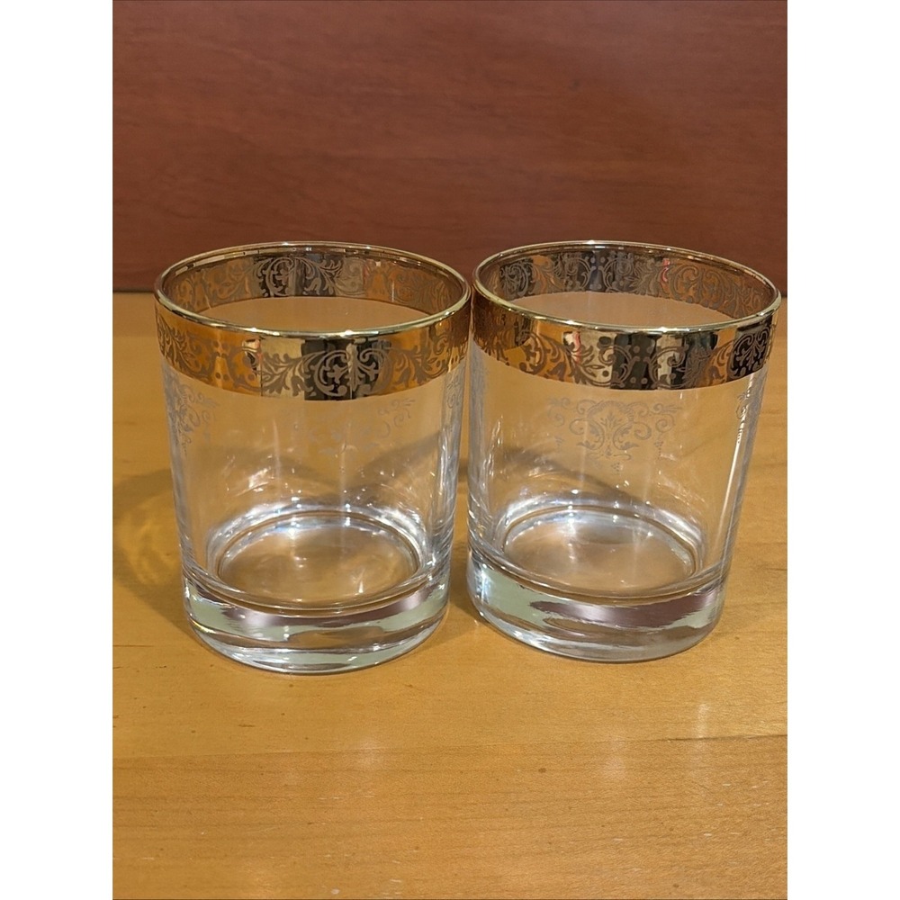 Vintage Gold Band Rim Whiskey Glasses (2) Floral Etch Heavy Base Old Fashioned**